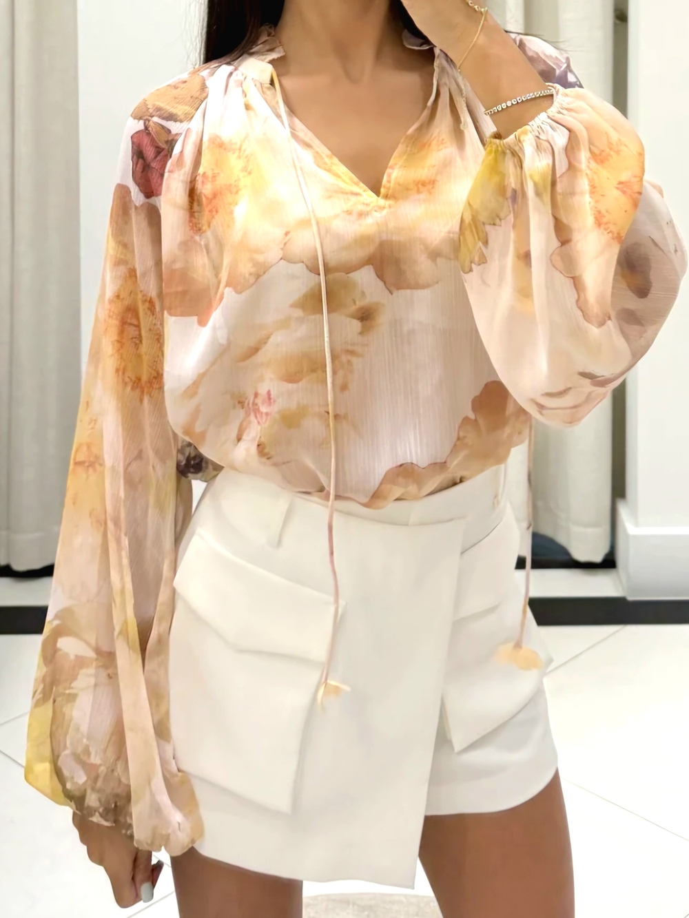 Sheer Watercolor Bird Blouse in Soft Peach & Cream Ballon Sleeves Pull On